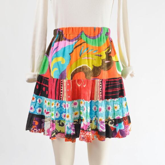 Vintage 90s Jams World Full Tiered Peasant Abstract Print Boho Mini Skirt M L - Picture 3 of 7